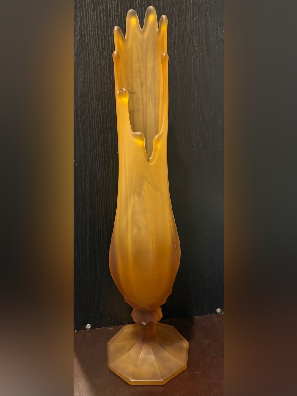 RARE L.E. Smith Vintage Frosted Amber Glass Swung Vase 17.5” On Pedestal MCM
